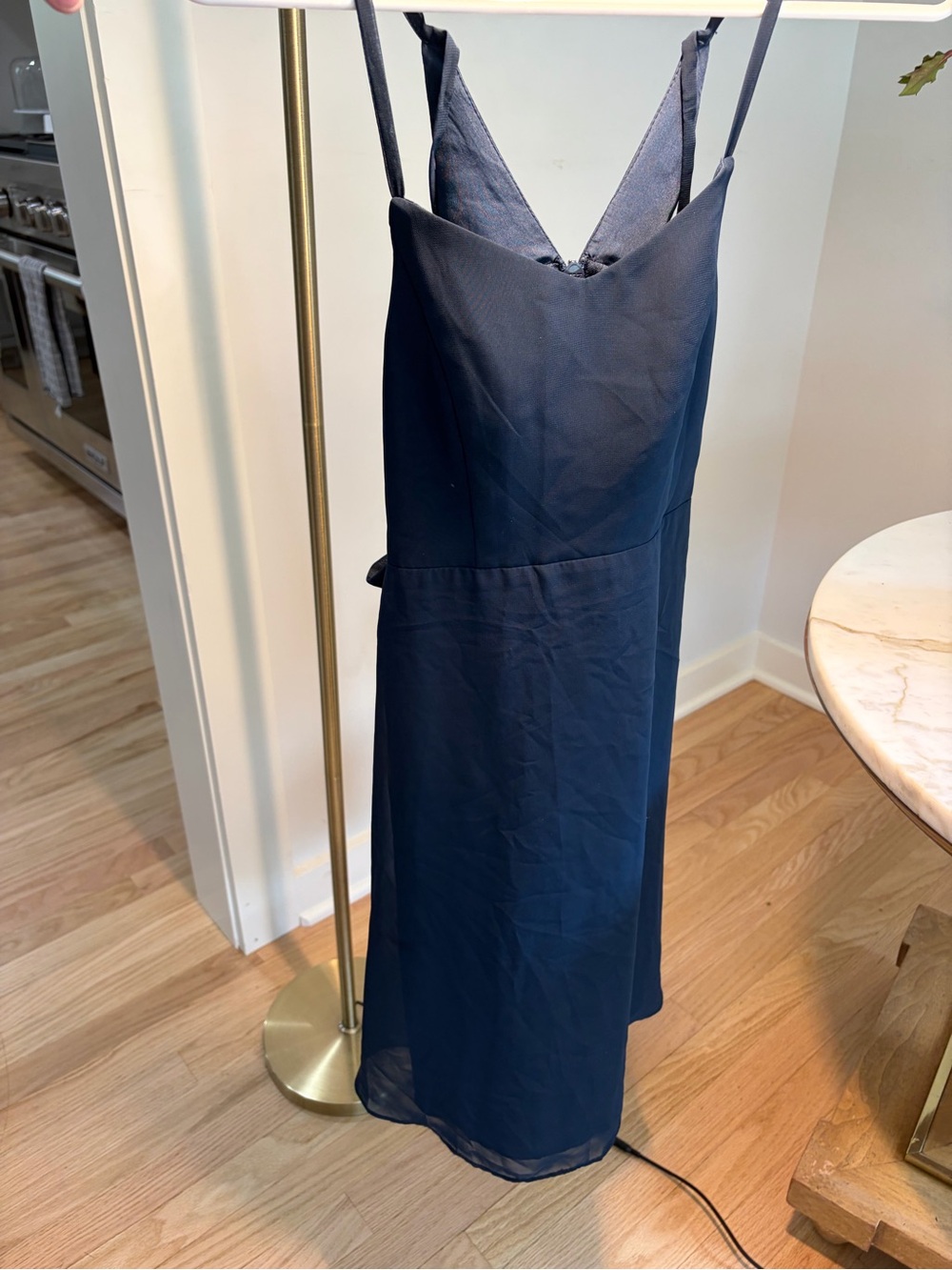Azazie Navy V-Neck Spaghetti Strap Midi Dress
